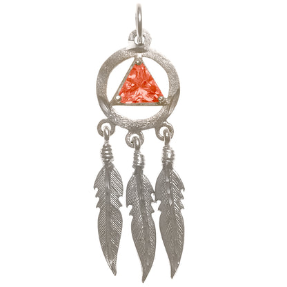 Sterling Silver AA Pendant – 3 Feathers with 6mm Triangle CZ Birthstone, 2.8g, Available in 12 Colors
