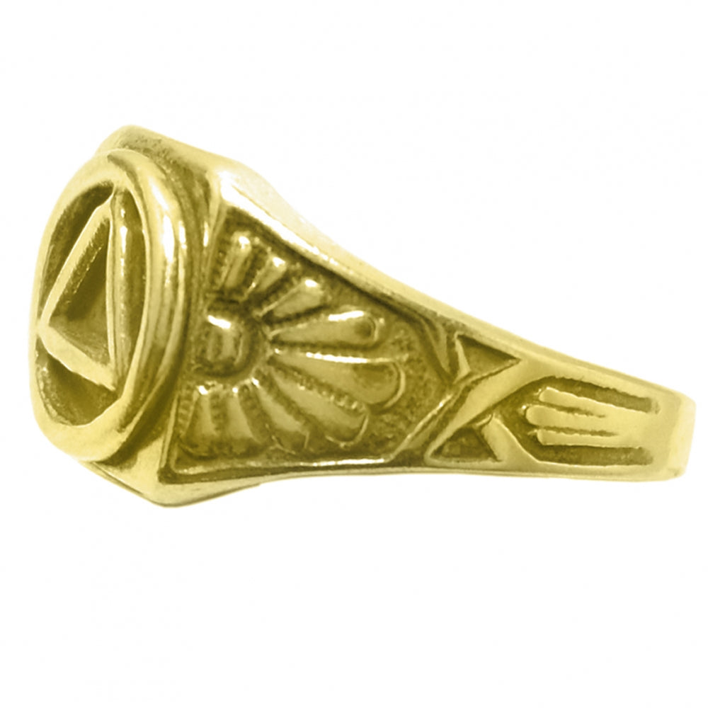 14k Gold Ring, Alcoholics Anonymous AA Circle Triangle With Lovely Sunrise on both sides of Symbol