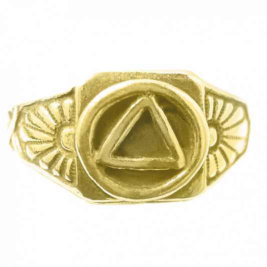 14k Gold Ring, Alcoholics Anonymous AA Circle Triangle With Lovely Sunrise on both sides of Symbol