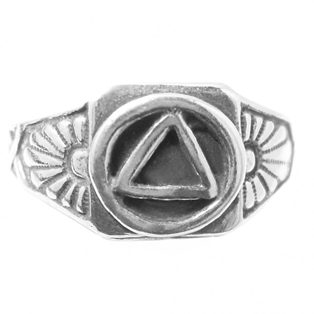 Sterling Silver Ring, Alcoholics Anonymous AA Circle Triangle With Sunrise on both sides of Symbol
