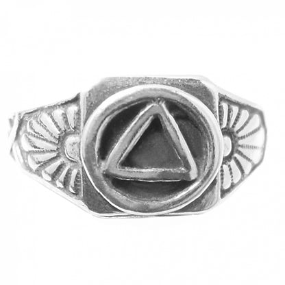Sterling Silver Ring, Alcoholics Anonymous AA Circle Triangle With Sunrise on both sides of Symbol