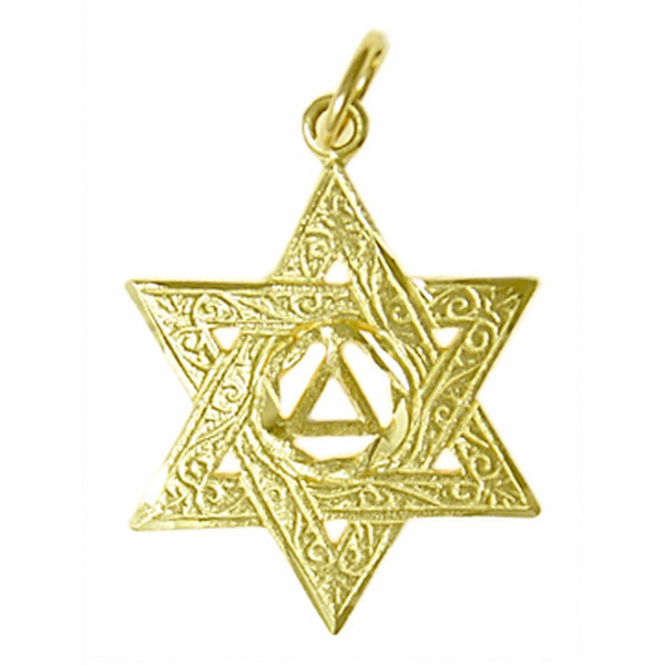 14k Gold Pendant, Alcoholics Anonymous AA Symbol in a Jewish Star of David, Medium/Large Size