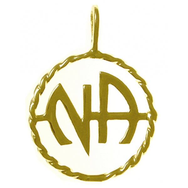 14k Gold Pendant, Narcotics Anonymous NA Initials in a Twist Wire Style Circle Medium Size