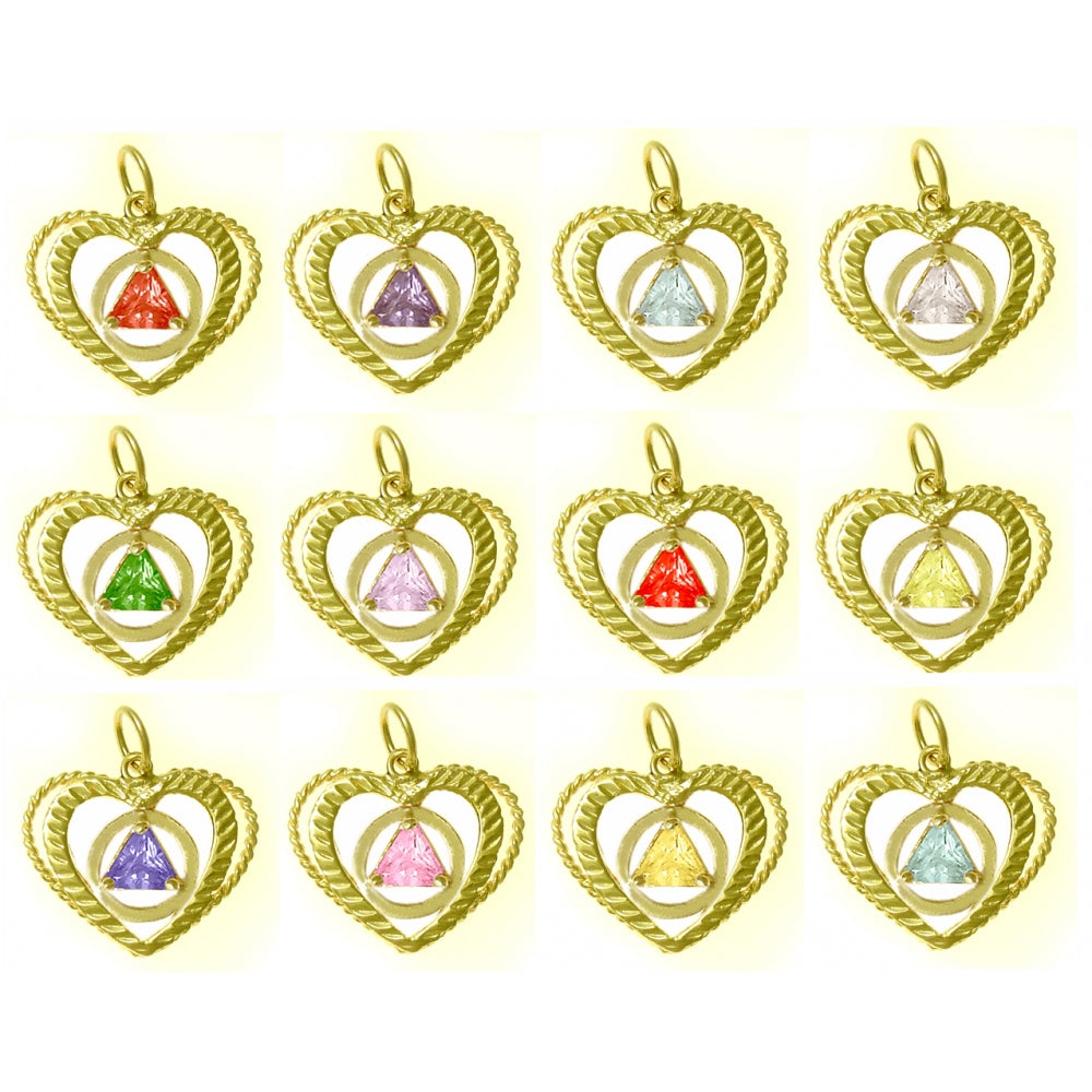 14k Gold Pendant, Alcoholics Anonymous AA Symbol set in a Open Heart, Available in 12 Different Triangle Birthstones
