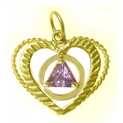 14k Gold Pendant, Alcoholics Anonymous AA Symbol set in a Open Heart, Available in 12 Different Triangle Birthstones
