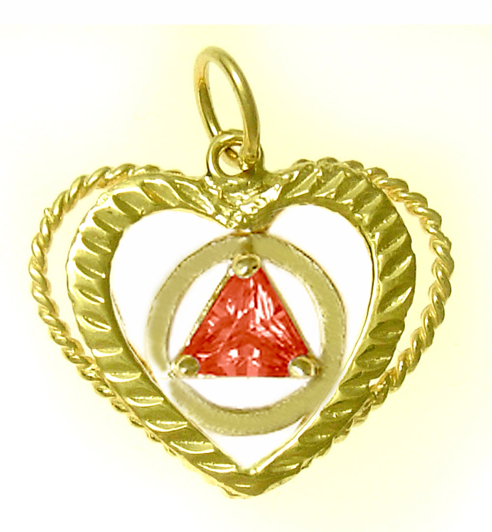 14k Gold Pendant, Alcoholics Anonymous AA Symbol set in a Open Heart, Available in 12 Different Triangle Birthstones