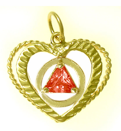 14k Gold Pendant, Alcoholics Anonymous AA Symbol set in a Open Heart, Available in 12 Different Triangle Birthstones
