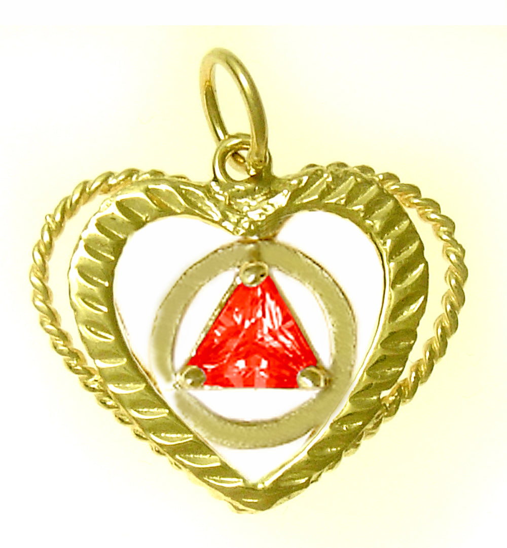 14k Gold Pendant, Alcoholics Anonymous AA Symbol set in a Open Heart, Available in 12 Different Triangle Birthstones