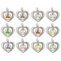 Sterling Silver Pendant, Alcoholics Anonymous AA Symbol set in a Open Heart, Available in 12 Different 5mm Cubic Zirconia Triangle Birthstones