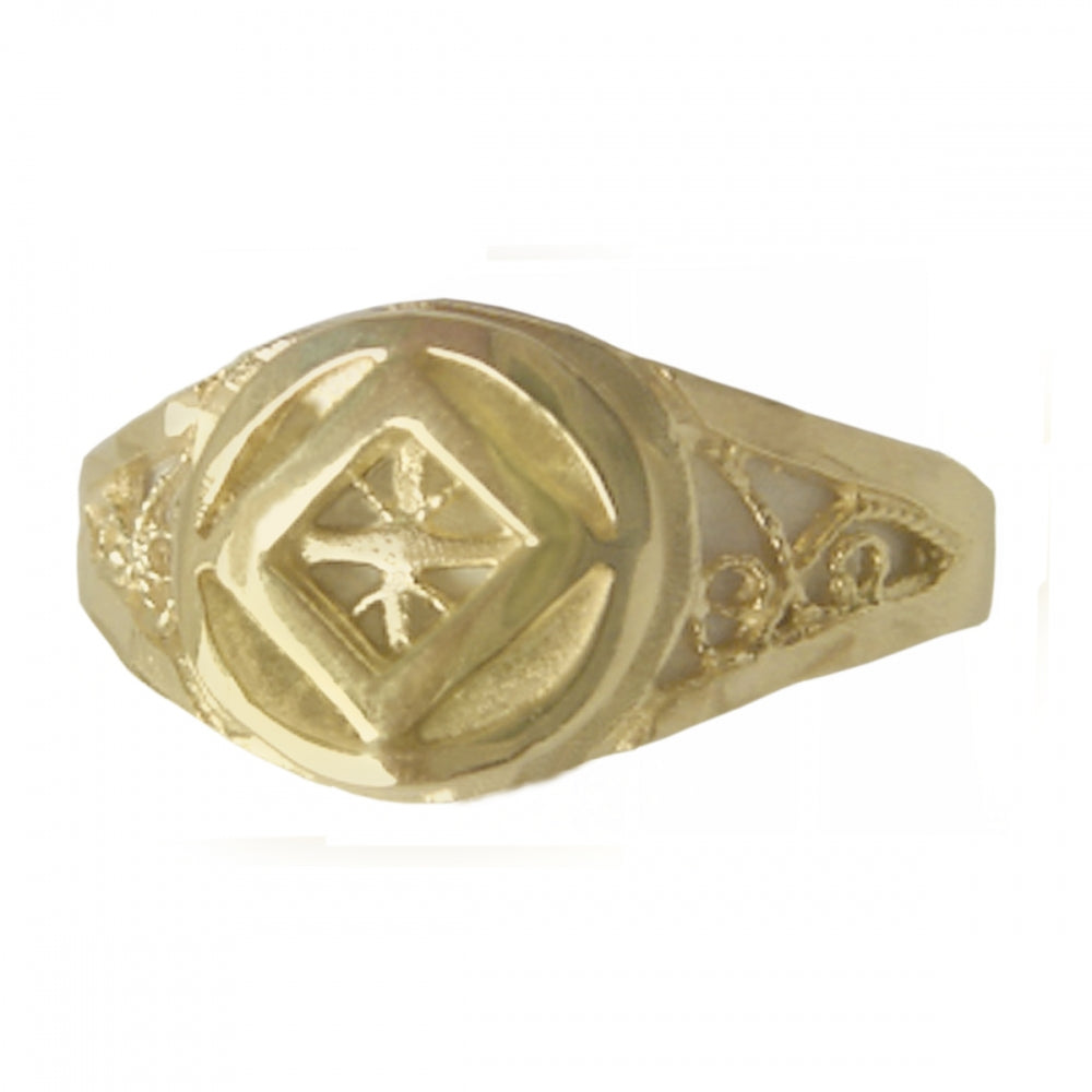 14k Gold Ring, Narcotics Anonymous NA Symbol on a Filigree Style Band