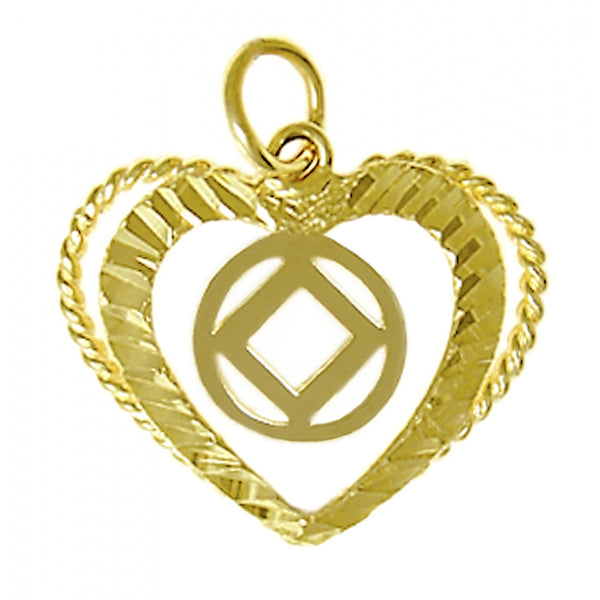 14k Gold, Heart Pendant with Narcotics Anonymous NA Symbol, Medium Size