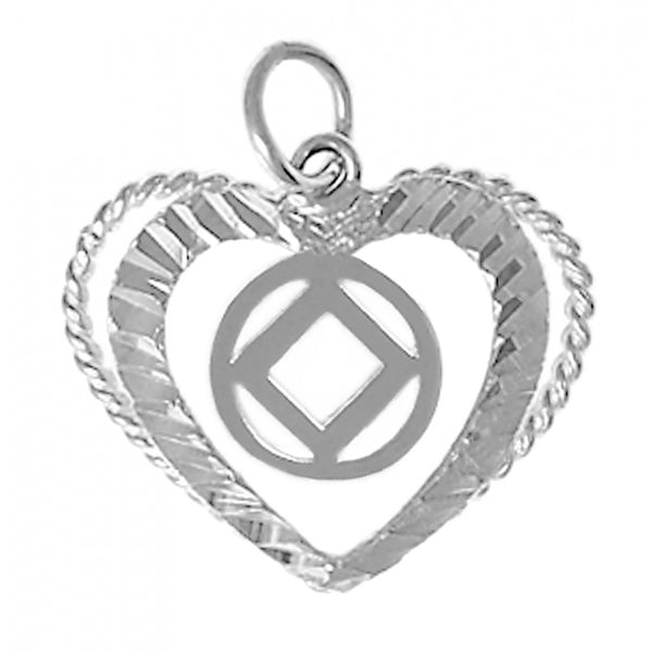 Sterling Silver, Heart Pendant with Narcotics Anonymous NA Symbol, Medium Size