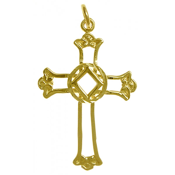 14k Gold, Cross Pendant with Narcotics Anonymous NA Symbol, Medium Size