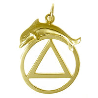 14k Gold Pendant, Alcoholics Anonymous AA Symbol with a Dolphin, Medium/Large Size