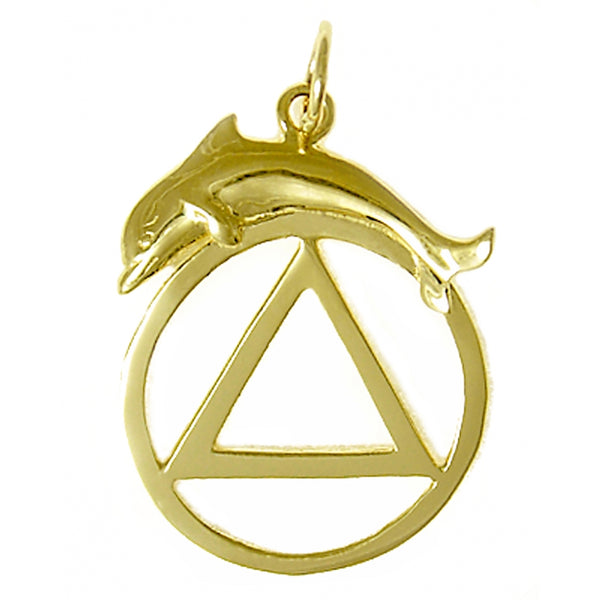 14k Gold Pendant, Alcoholics Anonymous AA Symbol with a Dolphin, Medium/Large Size