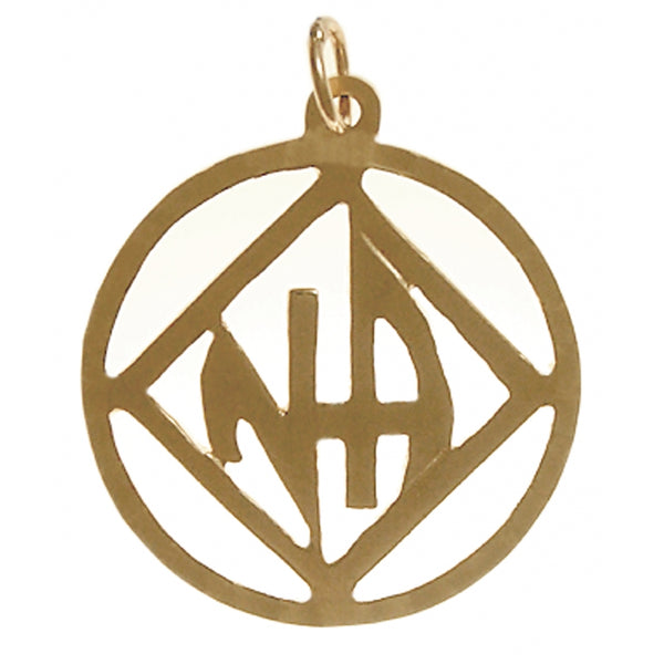 Brass Pendant, Narcotics Anonymous NA Symbol with "Narcotics Anonymous" Initials inside square, Antiqued Finish
