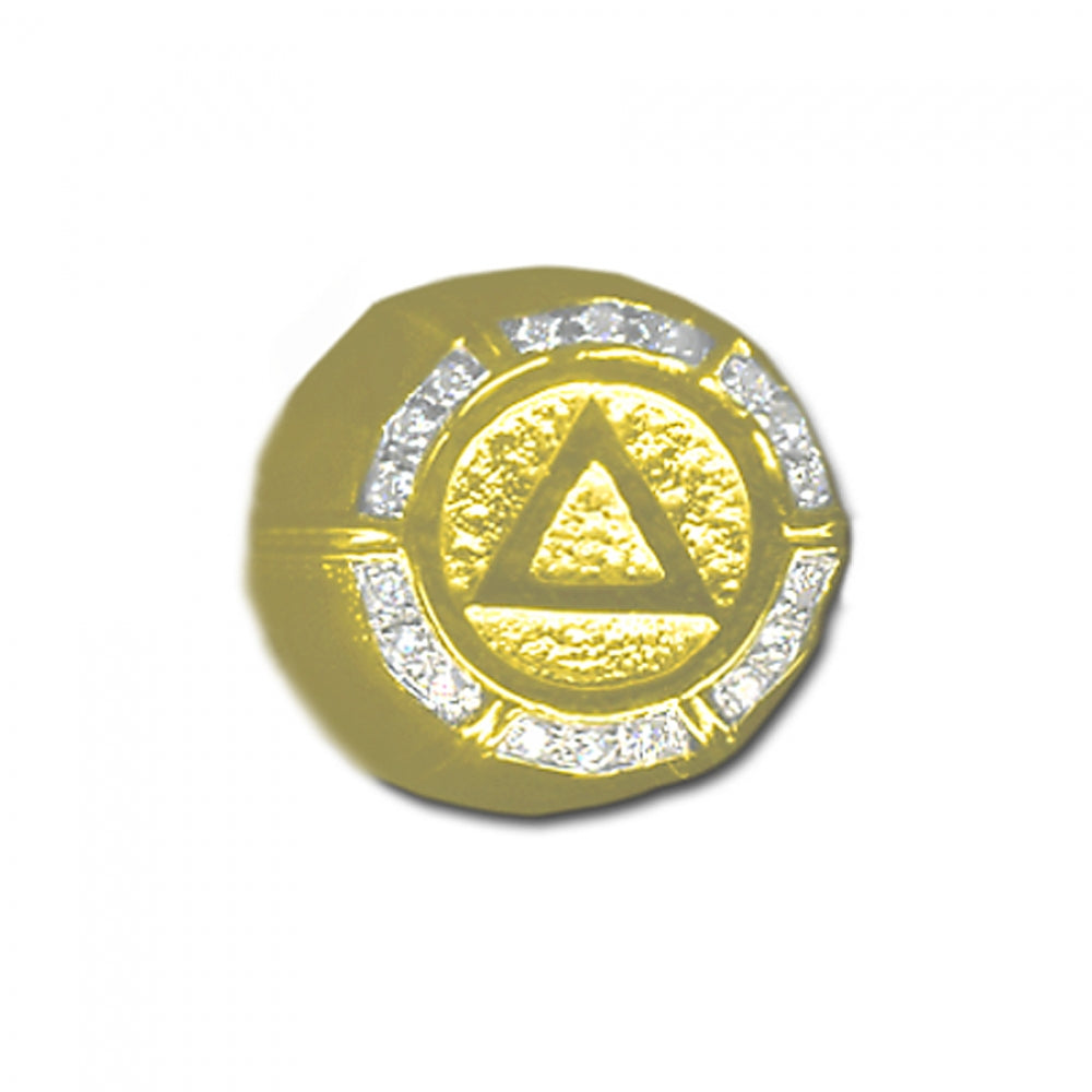 14k Gold Mens Ring, Alcoholics Anonymous AA Symbol with a Circle of 18-20pt. Diamonds