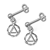 Sterling Silver, Stud Dangle Earrings, Alcoholics Anonymous AA Symbol in a small Twist Wire Circle