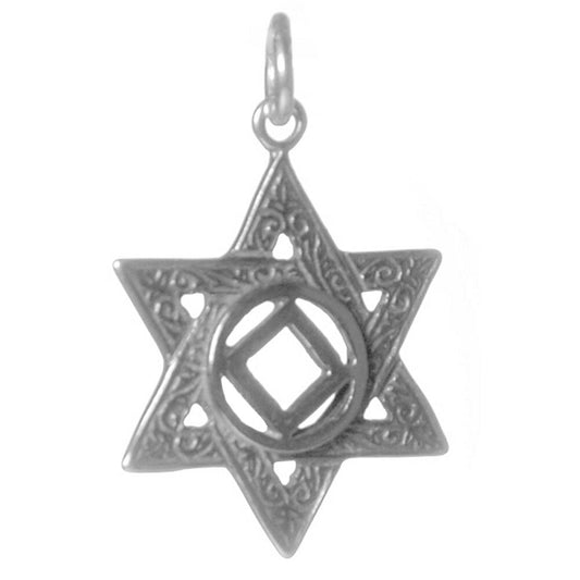Sterling Silver Pendant, Narcotics Anonymous NA Symbol in a Jewish Star of David, Large Size