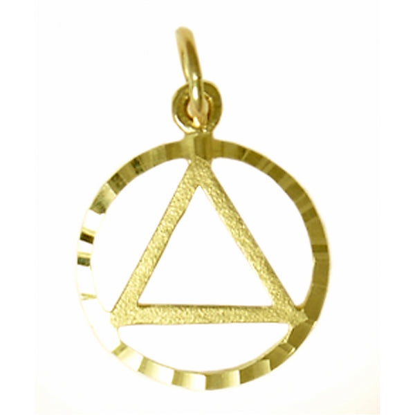 14k Gold Pendant, Alcoholics Anonymous AA Circle Triangle in a Diamond Cut Circle, Medium Size