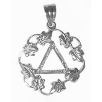 Sterling Silver Pendant, Alcoholics Anonymous AA Symbol in a Circle of Leaves, Large Size