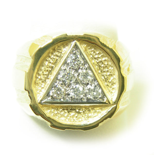 14k Gold Mens Signet Ring, Alcoholics Anonymous AA Symbol with 6-25pt. Diamonds in the center of the Triangle
