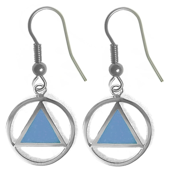 Sterling Silver Earrings, Alcoholics Anonymous AA Symbol with Turquoise Blue Enamel Inlay