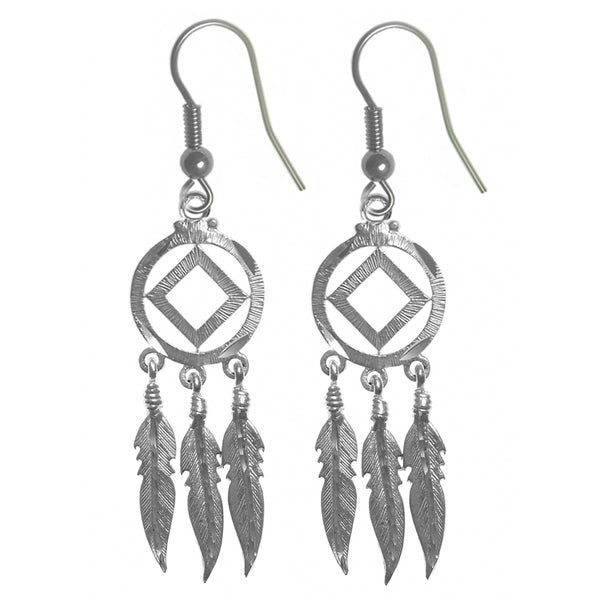 Sterling Silver Earrings, Narcotics Anonymous NA Symbol with 3 Feathers
