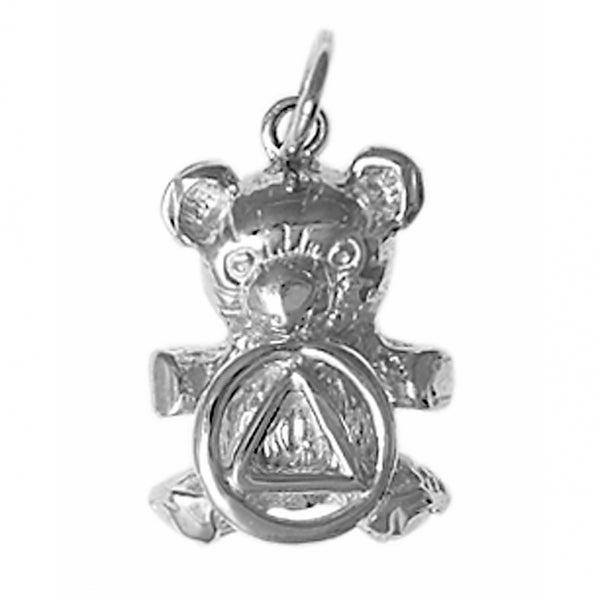 Sterling Silver Pendant, Alcoholics Anonymous AA Recovery Symbol on a Adorable Teddy Bear