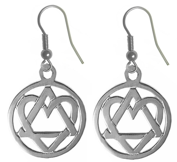 Sterling Silver Earrings, Alcoholics Anonymous AA Symbol with a Open Heart "Love & Service"
