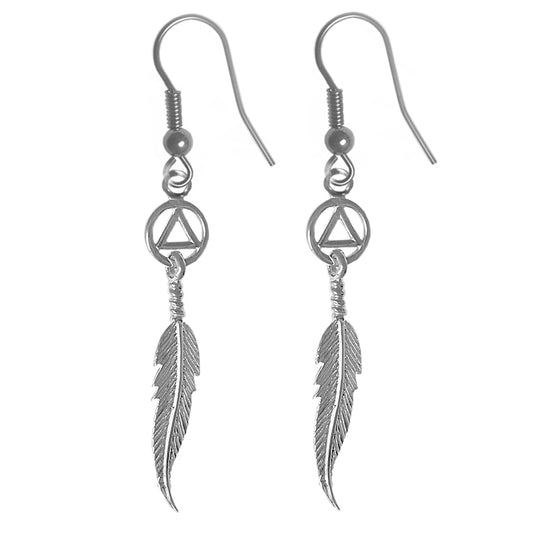 Sterling Silver Earrings, Alcoholics Anonymous AA Circle Triangle with a Single Feather