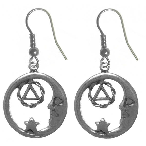 Sterling Silver, Moon and Star Earrings with Alcoholics Anonymous AA Symbol