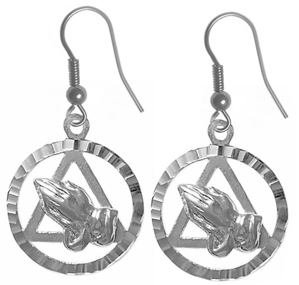 Sterling Silver Earrings, Alcoholics Anonymous AA Symbol w/Praying Hands in a Diamond Cut Circle