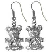 Sterling Silver Earrings, Alcoholics Anonymous AA Recovery Symbol on a Adorable Teddy Bear