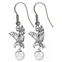 Sterling Silver Earrings, Eagle Holding Alcoholics Anonymous AA Symbol with Diamond Cut Accents