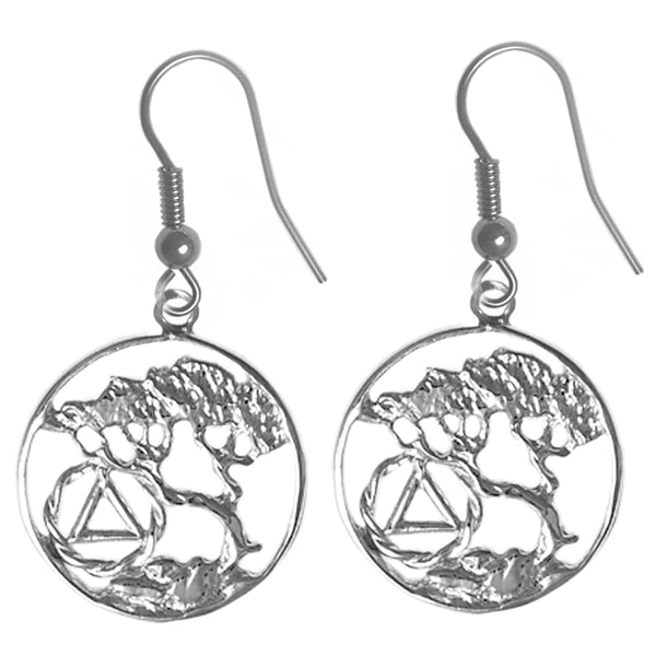 Sterling Silver Earrings, Alcoholics Anonymous AA Recovery Symbol with a Beautiful Tree of Life