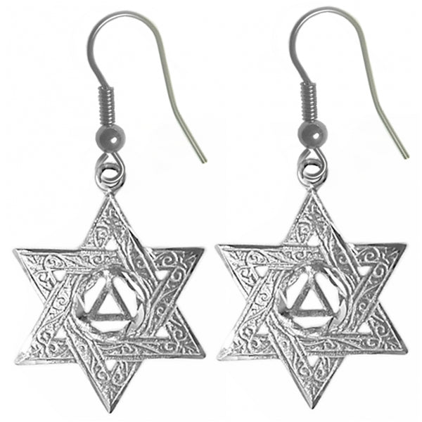 Sterling Silver Earrings, Alcoholics Anonymous AA Symbol in a Jewish Star of David