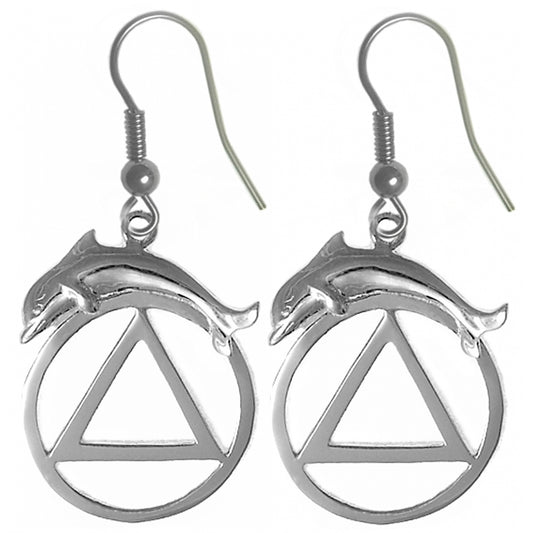Sterling Silver Earrings, Alcoholics Anonymous AA Symbol with a Dolphin