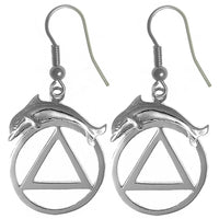 Sterling Silver Earrings, Alcoholics Anonymous AA Symbol with a Dolphin