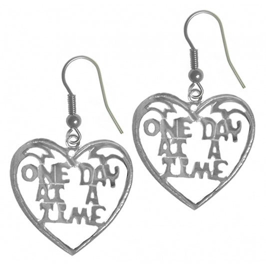 Sterling Silver, Sayings Earrings, Heart with "One Day At A Time"