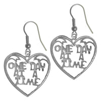 Sterling Silver, Sayings Earrings, Heart with "One Day At A Time"