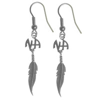 Sterling Silver Earrings, "Narcotics Anonymous" Initials with a Single Feather
