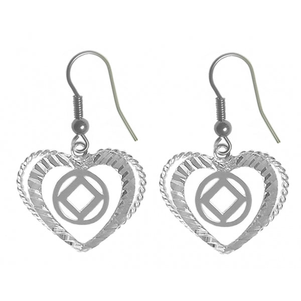 Sterling Silver, Heart Earrings with Narcotics Anonymous NA Symbol