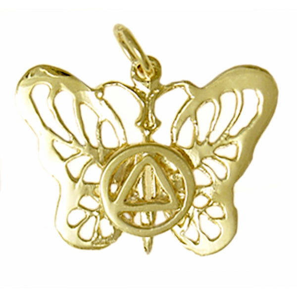 14k Gold Pendant, Beautiful Butterfly with Alcoholics Anonymous AA Symbol, Medium Size