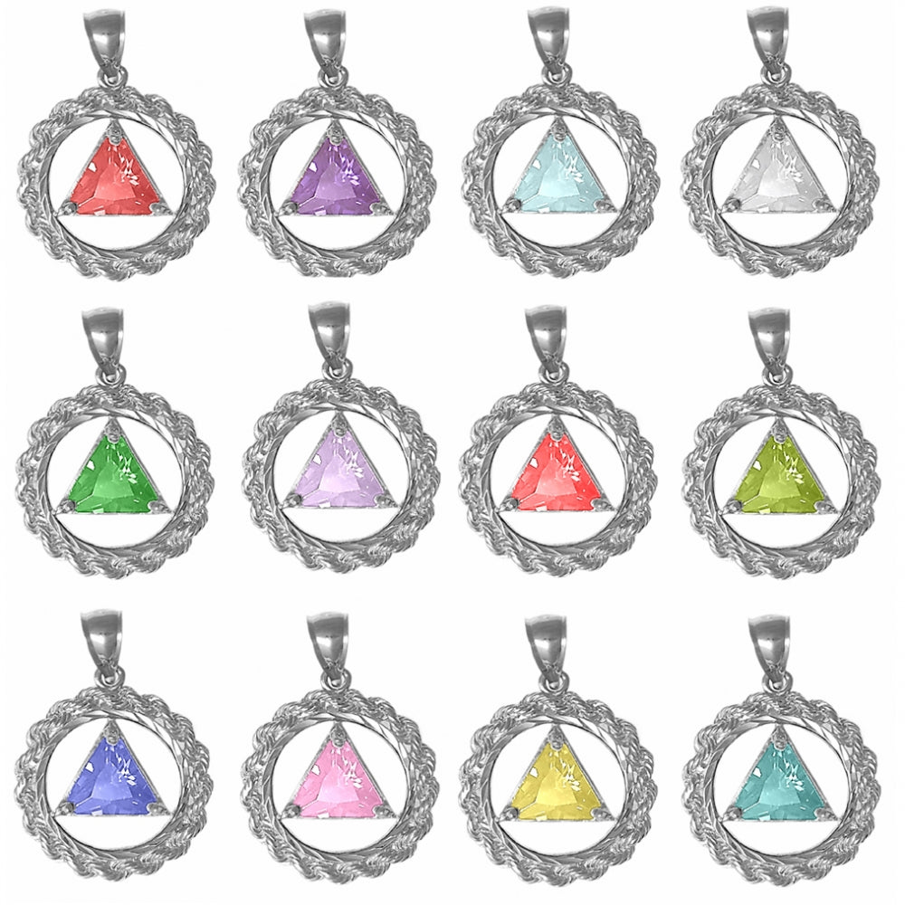 Sterling Silver Rope Style Circle Pendant with 8mm Triangle Birthstone – 12-Step Recovery Jewelry