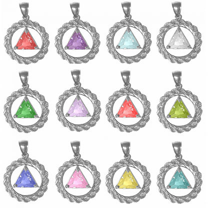 Sterling Silver Rope Style Circle Pendant with 8mm Triangle Birthstone – 12-Step Recovery Jewelry