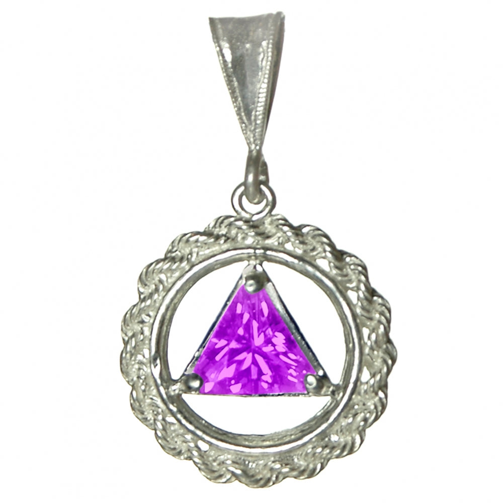 Sterling Silver Rope Style Circle Pendant with 8mm Triangle Birthstone – 12-Step Recovery Jewelry