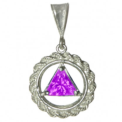Sterling Silver Rope Style Circle Pendant with 8mm Triangle Birthstone – 12-Step Recovery Jewelry
