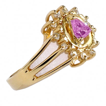 14k Gold Ring, Alcoholics Anonymous AA Symbol with a Circle of 12 Small 2 pt. Clear CZ's and a 5X5mm CZ Triangle in Purple Amethyst in the Center