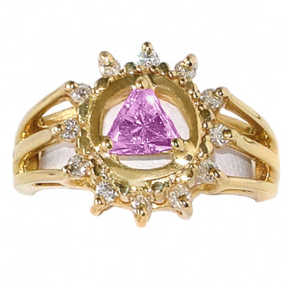 14k Gold Ring, Alcoholics Anonymous AA Symbol with a Circle of 12 Small 2 pt. Clear CZ's and a 5X5mm CZ Triangle in Purple Amethyst in the Center